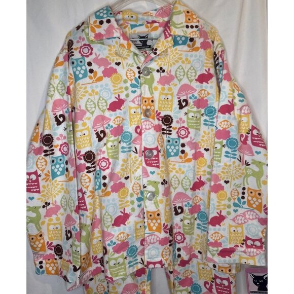 THE CAT'S PAJAMAS Womens Retro Owl Mushroom Rabbit FLANNEL PAJAMA SET Sz M NEW - Picture 2 of 16